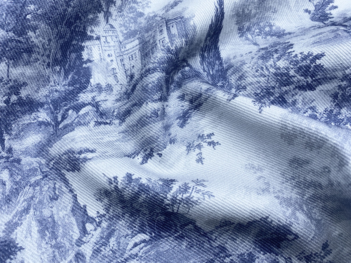 Ткань Джинса   белого цвета с голубым принтом в стиле Жуи 12703 3