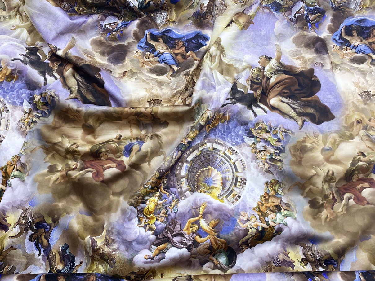 Ткань Хлопок  серо-голубого цвета с принтом фреска 13655 3
