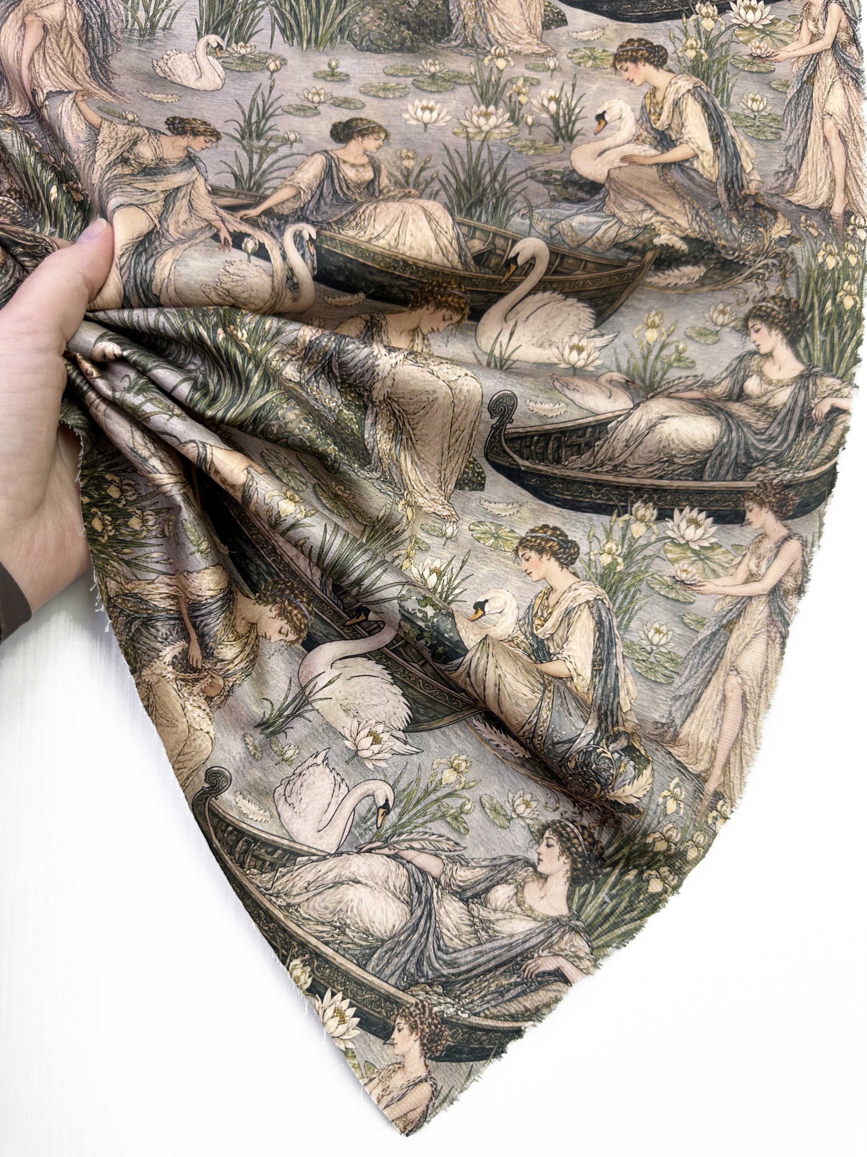 Ткань Хлопок серо-голубой с арт-принтом Девы и лебеди 14521 5