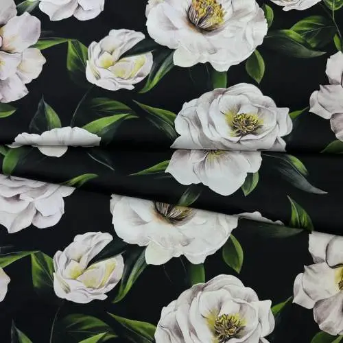 Ткань Хлопок черный с крупным белым цветочным принтом 14497